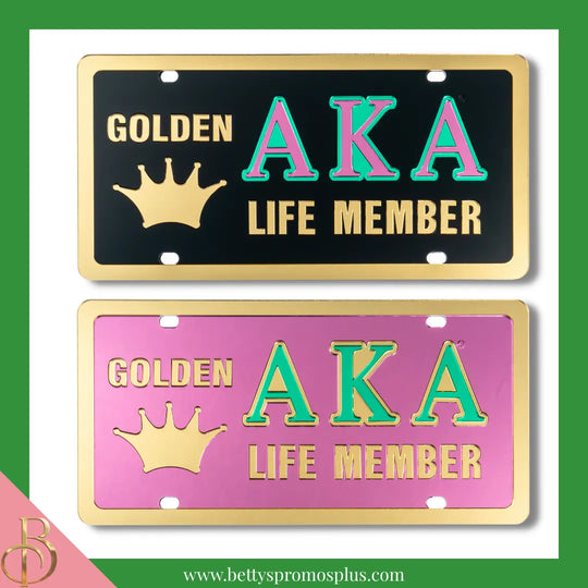 Alpha Kappa Alpha AKA Golden Soror Life Member Laser Engraved Mirrored Acrylic Auto Tag License Plate-Alpha Kappa Alpha Paraphernalia-Alpha Kappa Alpha Auto Tag-Betty's Promos Plus