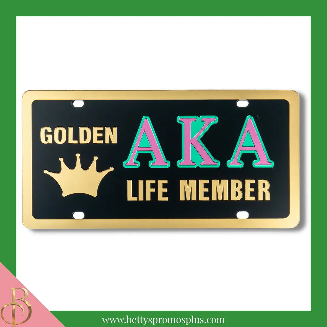 Alpha Kappa Alpha AKA Golden Soror Life Member Laser Engraved Mirrored Acrylic Auto Tag License Plate-Black Background-Alpha Kappa Alpha Paraphernalia-Alpha Kappa Alpha Auto Tag-Betty's Promos Plus
