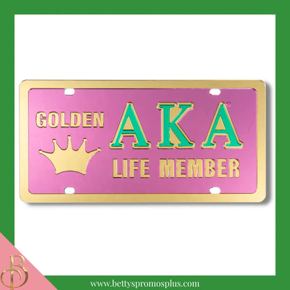 Alpha Kappa Alpha AKA Golden Soror Life Member Laser Engraved Mirrored Acrylic Auto Tag License Plate-Pink-Alpha Kappa Alpha Paraphernalia-Alpha Kappa Alpha Auto Tag-Betty's Promos Plus