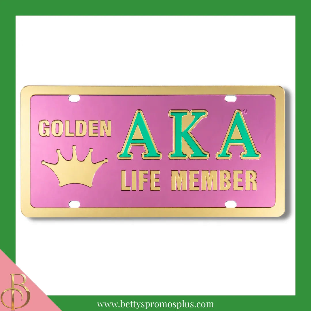 Alpha Kappa Alpha AKA Golden Soror Life Member Laser Engraved Mirrored Acrylic Auto Tag License Plate-Pink Background-Alpha Kappa Alpha Paraphernalia-Alpha Kappa Alpha Auto Tag-Betty's Promos Plus