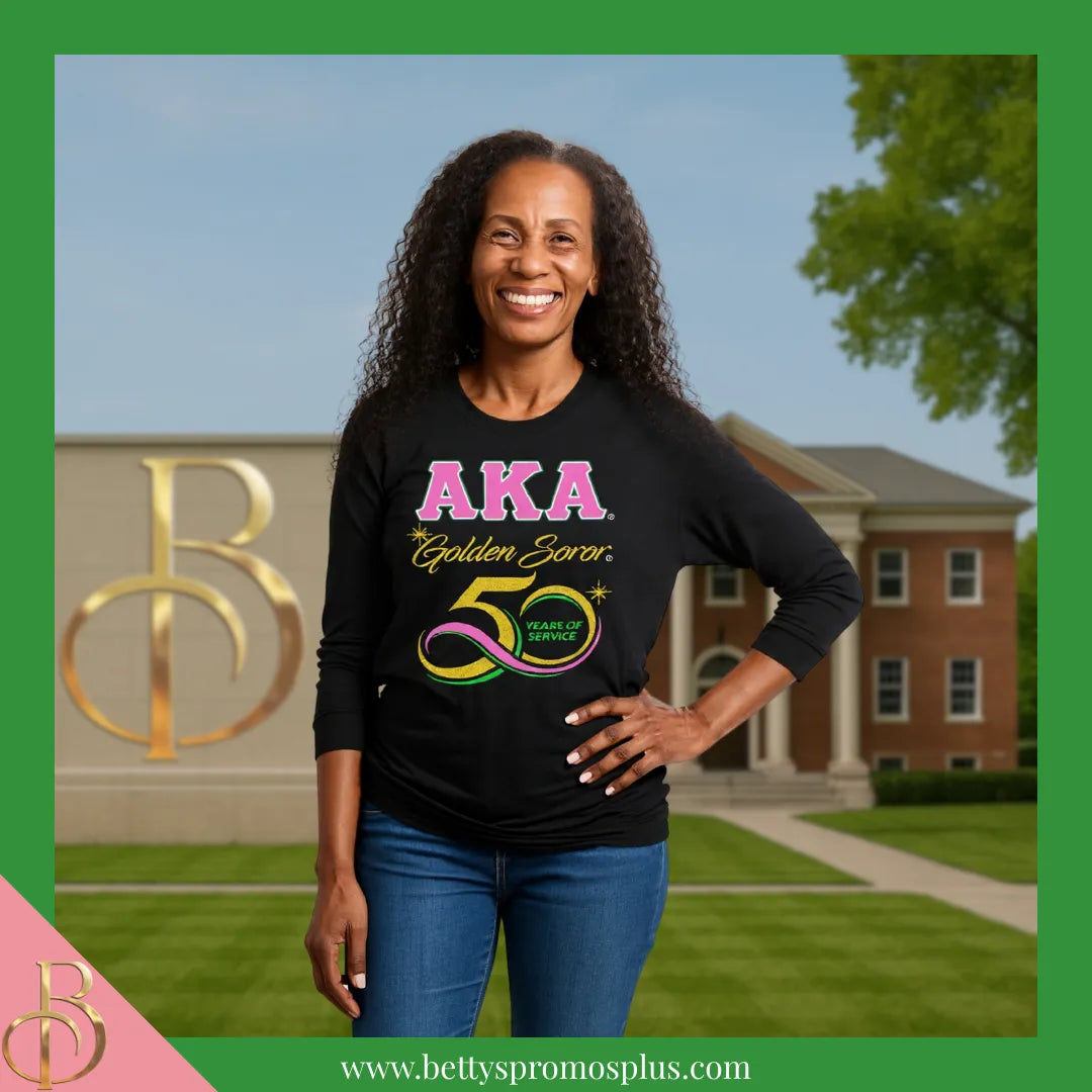 Alpha Kappa Alpha AKA Golden Soror Long Sleeve T-Shirt-Alpha Kappa Alpha Paraphernalia-Alpha Kappa Alpha T-Shirts-Betty's Promos Plus