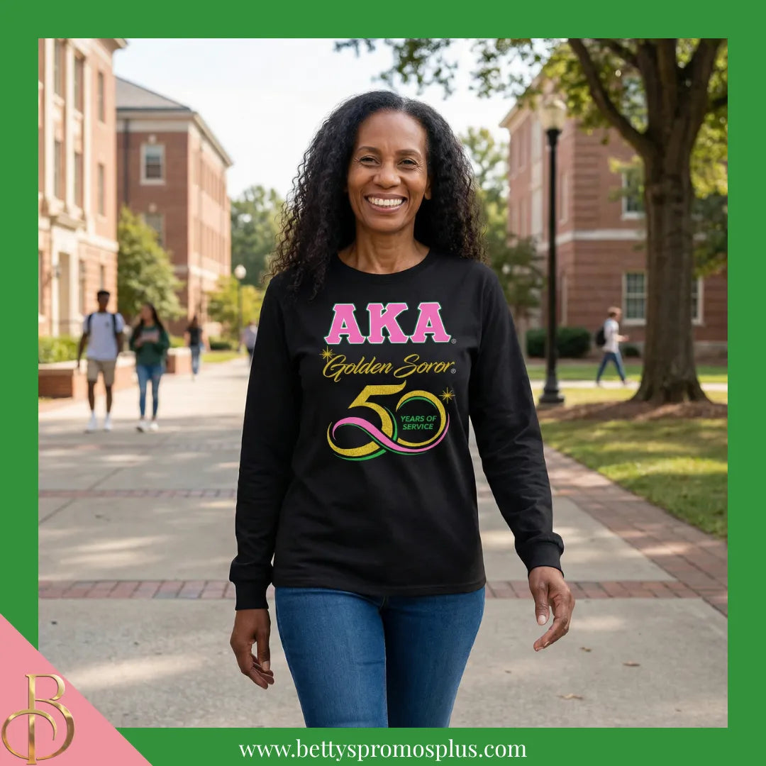 Alpha Kappa Alpha AKA Golden Soror Long Sleeve T-Shirt-Alpha Kappa Alpha Paraphernalia-Alpha Kappa Alpha T-Shirts-Betty's Promos Plus