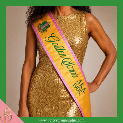 Alpha Kappa Alpha AKA Golden Soror Sash-Alpha Kappa Alpha Paraphernalia-Alpha Kappa Alpha Sash-Betty's Promos Plus