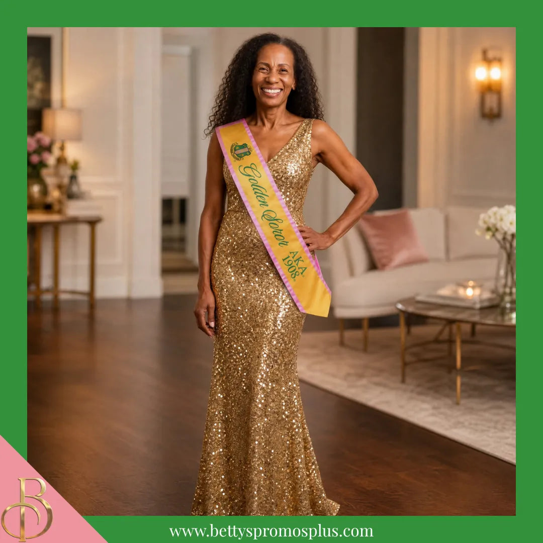 Alpha Kappa Alpha AKA Golden Soror Sash-Alpha Kappa Alpha Paraphernalia-Alpha Kappa Alpha Sash-Betty's Promos Plus