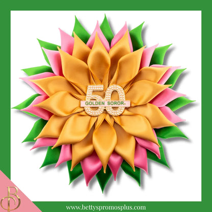 Alpha Kappa Alpha AKA Golden Soror Silk Flower Brooch-Pink/Green/Gold-Large - 6"-Alpha Kappa Alpha Paraphernalia-Alpha Kappa Alpha Lapel Pin-Betty's Promos Plus