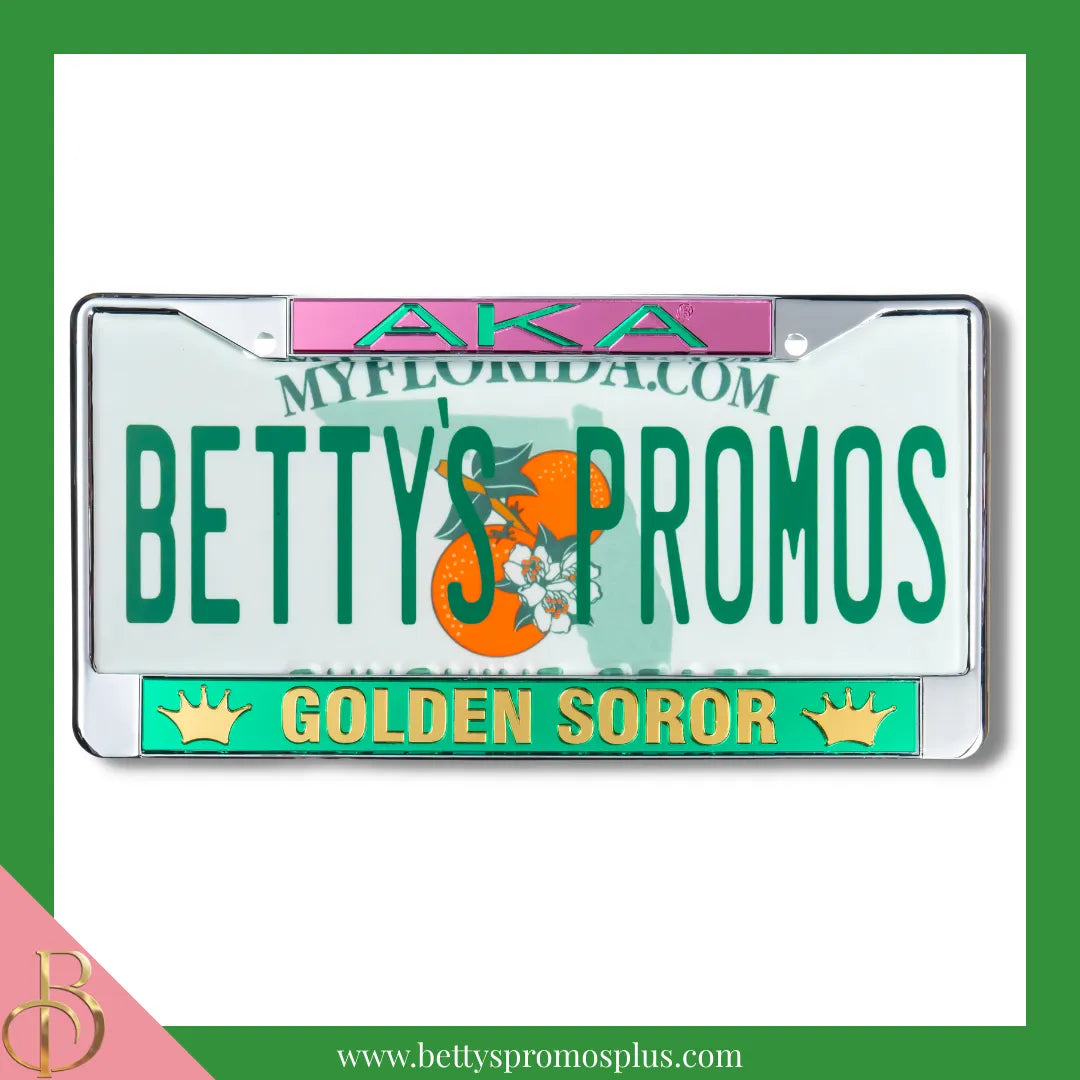 Alpha Kappa Alpha AKA Golden Soror with Crowns Chrome Laser Engraved Mirrored Acrylic Auto Tag License Plate Frame-Alpha Kappa Alpha Paraphernalia-Alpha Kappa Alpha Auto Tag Frame-Betty's Promos Plus