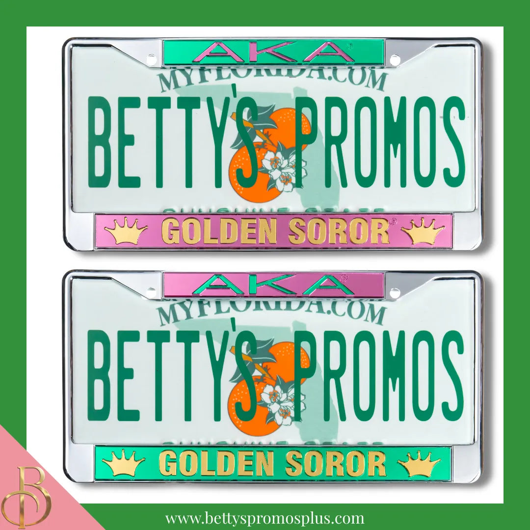 Alpha Kappa Alpha AKA Golden Soror with Crowns Chrome Laser Engraved Mirrored Acrylic Auto Tag License Plate Frame-Alpha Kappa Alpha Paraphernalia-Alpha Kappa Alpha Auto Tag Frame-Betty's Promos Plus