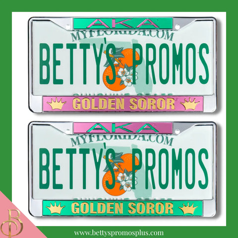 Alpha Kappa Alpha AKA Golden Soror with Crowns Chrome Laser Engraved Mirrored Acrylic Auto Tag License Plate Frame-Alpha Kappa Alpha Paraphernalia-Alpha Kappa Alpha Auto Tag Frame-Betty's Promos Plus
