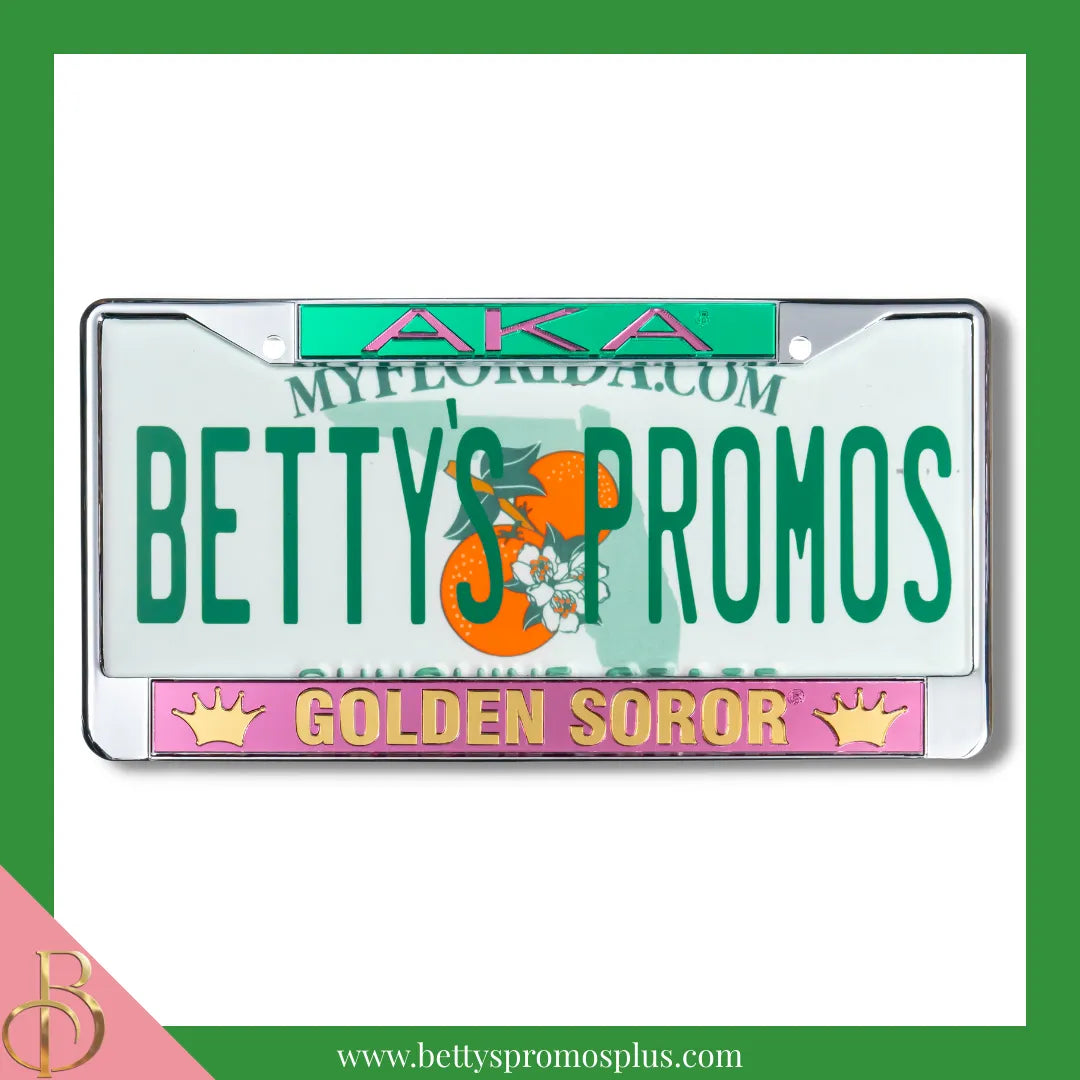 Alpha Kappa Alpha AKA Golden Soror with Crowns Chrome Laser Engraved Mirrored Acrylic Auto Tag License Plate Frame-Pink Bottom-Alpha Kappa Alpha Paraphernalia-Alpha Kappa Alpha Auto Tag Frame-Betty's Promos Plus