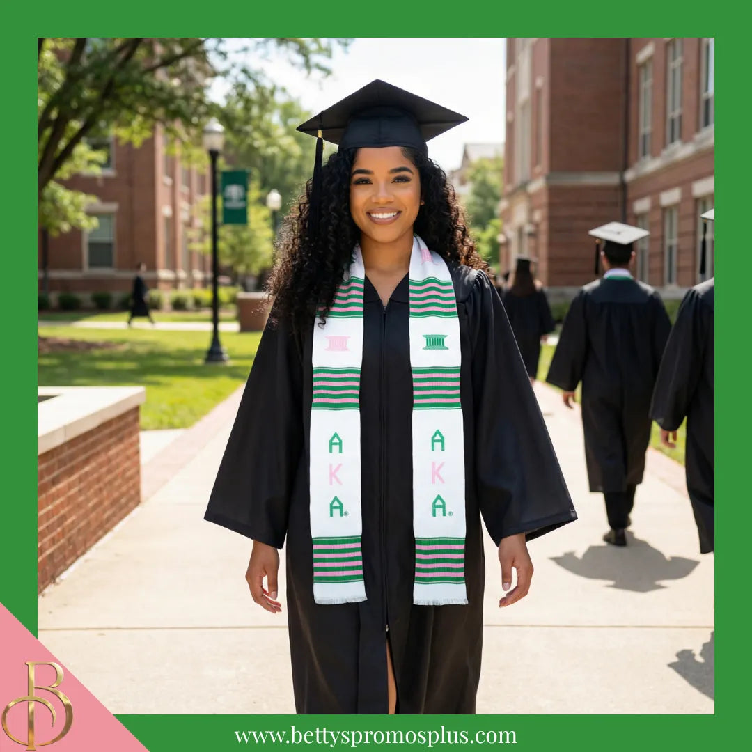 Alpha Kappa Alpha AKA Greek Letters Kente Cloth Graduation Stole-Alpha Kappa Alpha Paraphernalia-Alpha Kappa Alpha Graduation Stole-Betty's Promos Plus