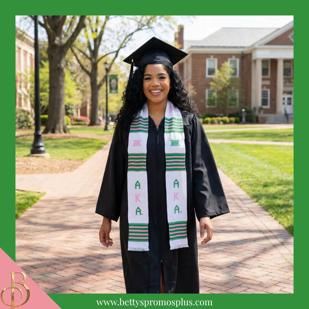 Alpha Kappa Alpha AKA Greek Letters Kente Cloth Graduation Stole-Alpha Kappa Alpha Paraphernalia-Alpha Kappa Alpha Graduation Stole-Betty's Promos Plus