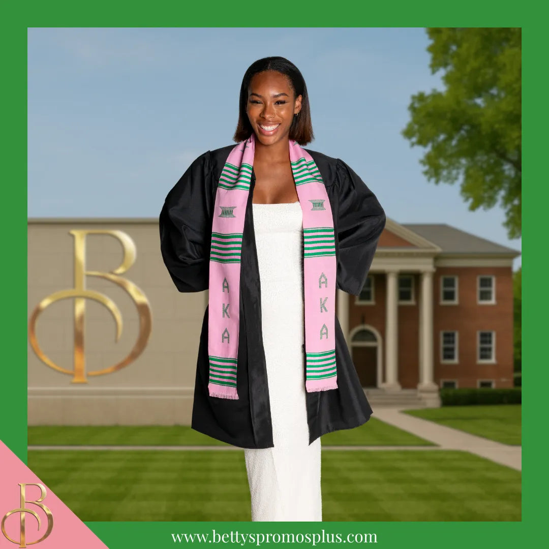 Alpha Kappa Alpha AKA Greek Letters Kente Cloth Graduation Stole-Alpha Kappa Alpha Paraphernalia-Alpha Kappa Alpha Graduation Stole-Betty's Promos Plus