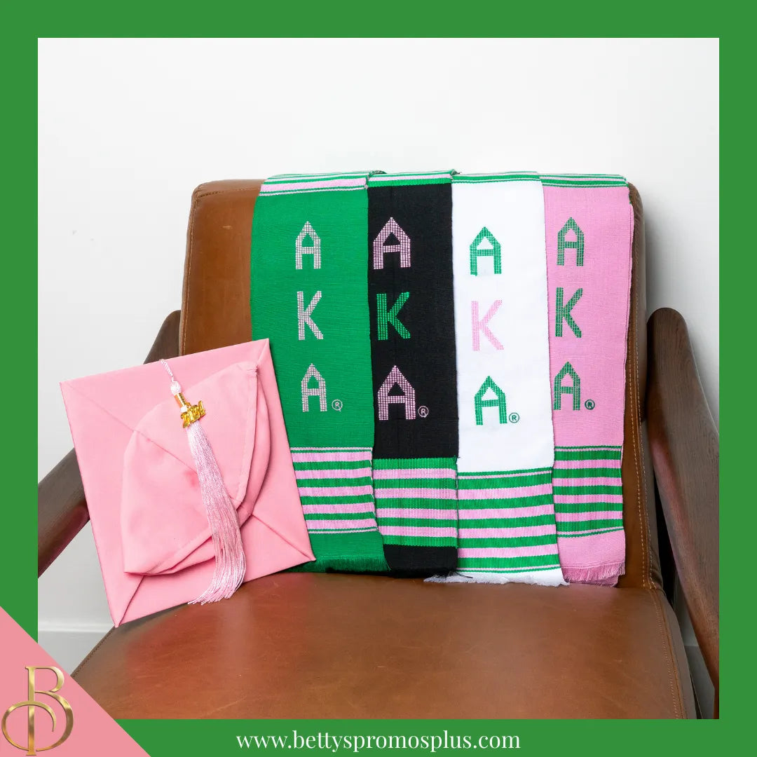 Alpha Kappa Alpha AKA Greek Letters Kente Cloth Graduation Stole-Alpha Kappa Alpha Paraphernalia-Alpha Kappa Alpha Graduation Stole-Betty's Promos Plus