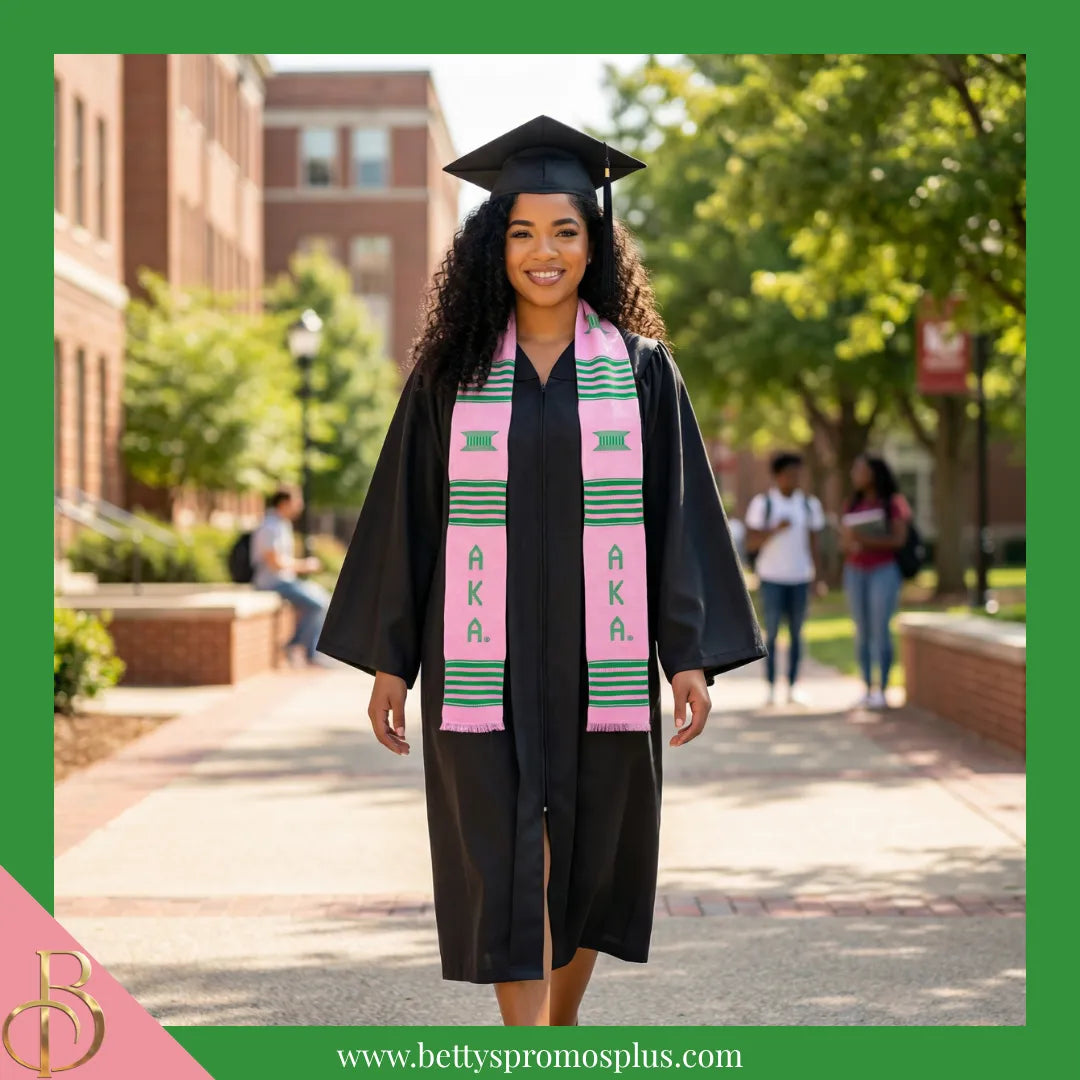 Alpha Kappa Alpha AKA Greek Letters Kente Cloth Graduation Stole-Alpha Kappa Alpha Paraphernalia-Alpha Kappa Alpha Graduation Stole-Betty's Promos Plus