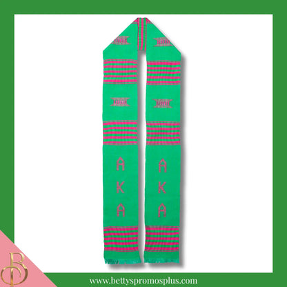 Alpha Kappa Alpha AKA Greek Letters Kente Cloth Graduation Stole-Green with Hot Pink-Alpha Kappa Alpha Paraphernalia-Alpha Kappa Alpha Graduation Stole-Betty's Promos Plus