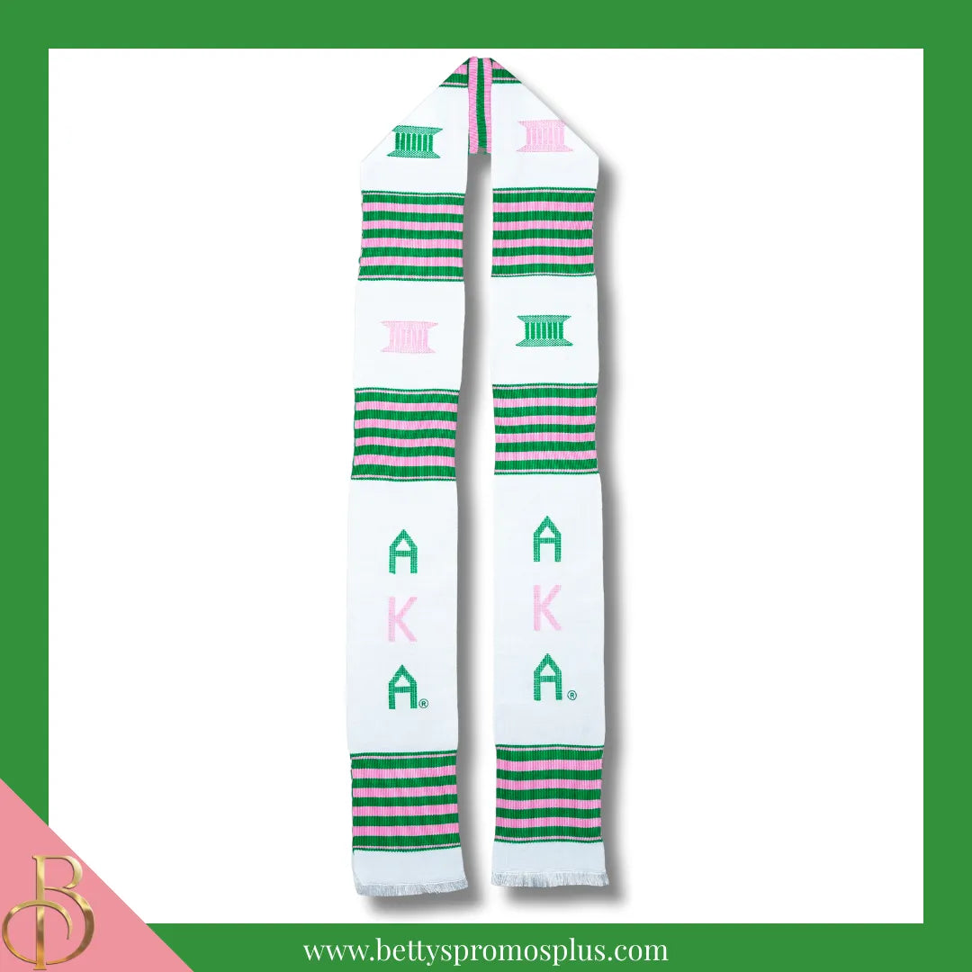 Alpha Kappa Alpha AKA Greek Letters Kente Cloth Graduation Stole-White-Alpha Kappa Alpha Paraphernalia-Alpha Kappa Alpha Graduation Stole-Betty's Promos Plus