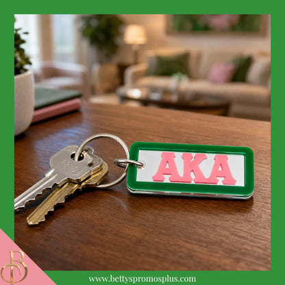 Alpha Kappa Alpha AKA Greek Letters Rectangular Acrylic Mirror Keychain with Green Trim-Alpha Kappa Alpha Paraphernalia-Alpha Kappa Alpha Keychain-Betty's Promos Plus