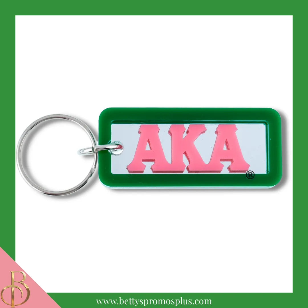 Alpha Kappa Alpha AKA Greek Letters Rectangular Acrylic Mirror Keychain with Green Trim-Alpha Kappa Alpha Paraphernalia-Alpha Kappa Alpha Keychain-Betty's Promos Plus