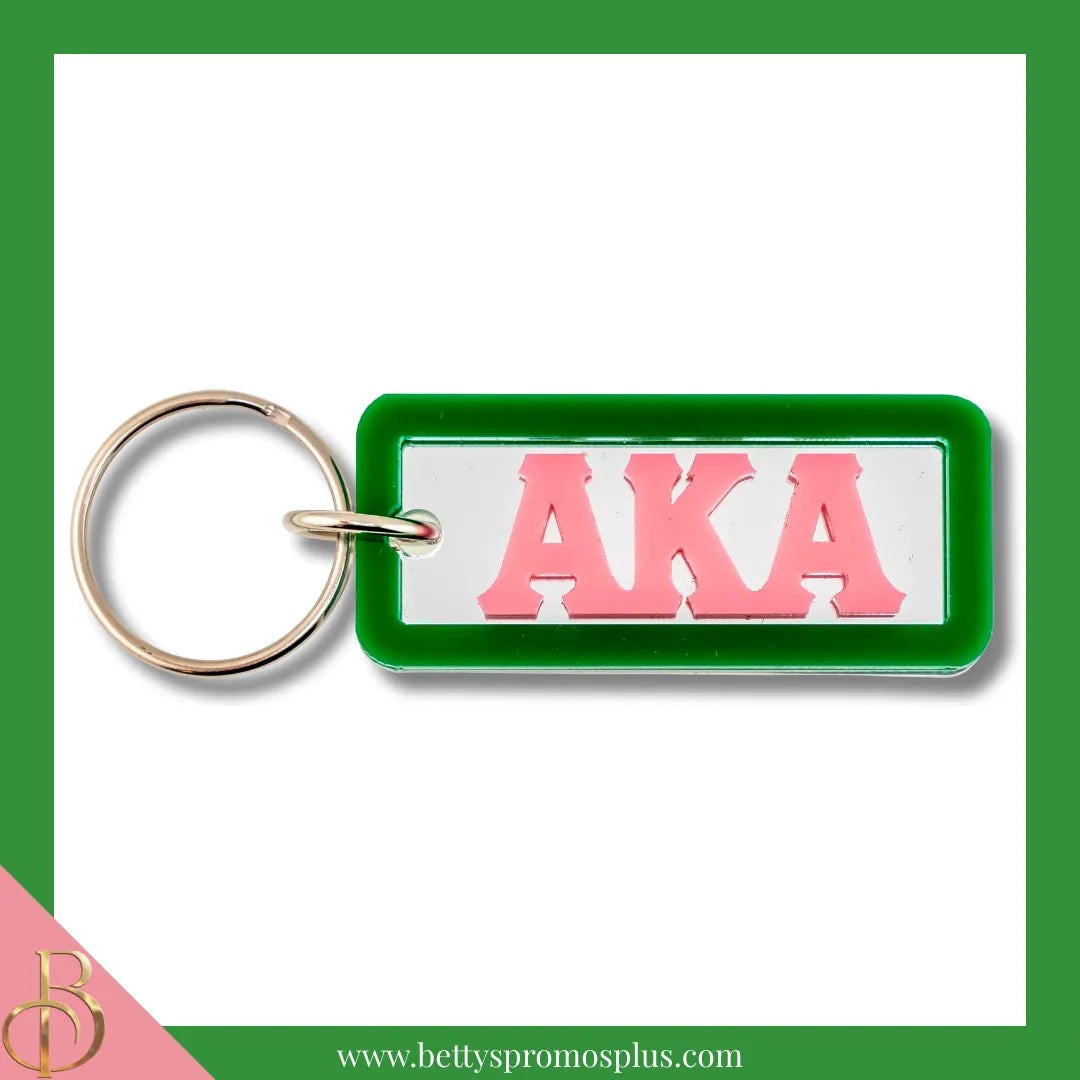 Alpha Kappa Alpha AKA Greek Letters Rectangular Acrylic Mirror Keychain with Green Trim-Green-Alpha Kappa Alpha Paraphernalia-Alpha Kappa Alpha Keychain-Betty's Promos Plus