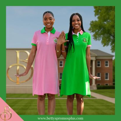Alpha Kappa Alpha AKA Ivy Embroidered Polo Dress with Contrast Collar and Sleeves-Alpha Kappa Alpha Paraphernalia-Alpha Kappa Alpha Dress-Betty's Promos Plus