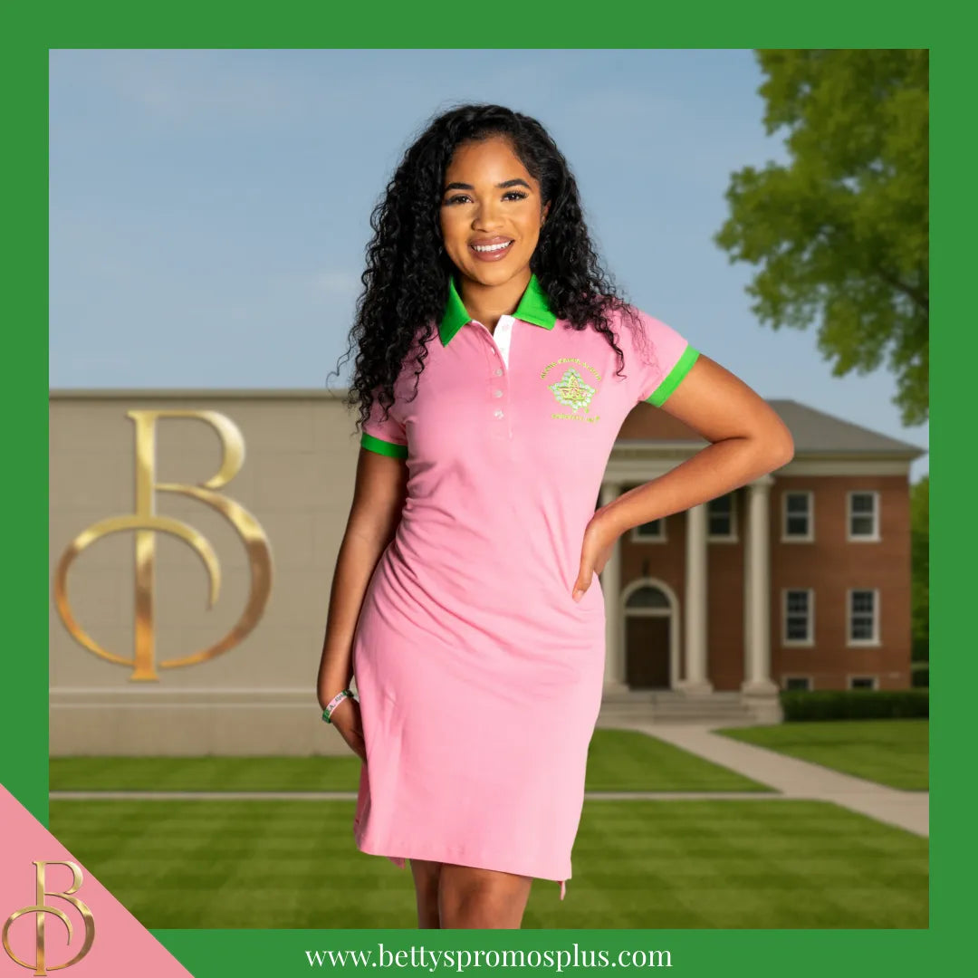 Alpha Kappa Alpha AKA Ivy Embroidered Polo Dress with Contrast Collar and Sleeves-Alpha Kappa Alpha Paraphernalia-Alpha Kappa Alpha Dress-Betty's Promos Plus