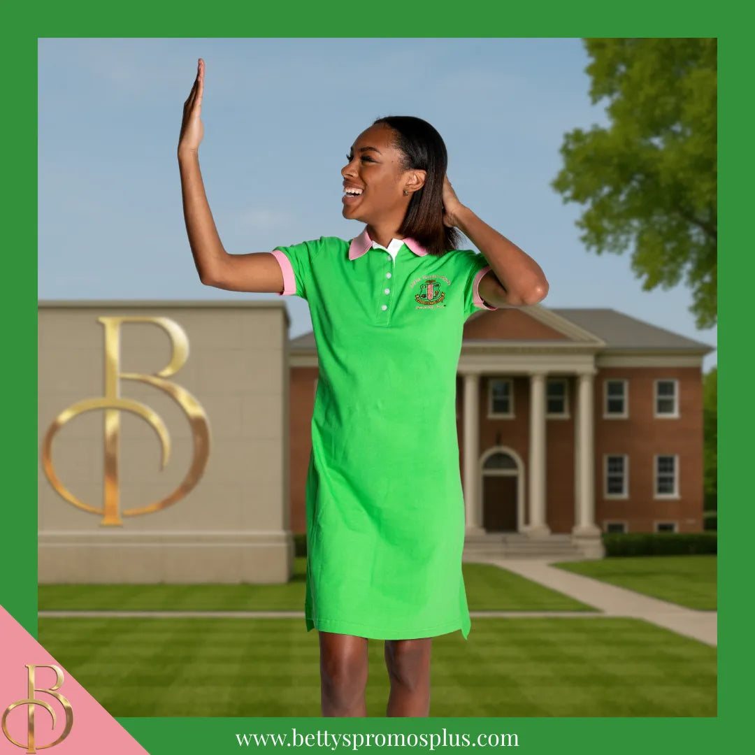Alpha Kappa Alpha AKA Ivy Embroidered Polo Dress with Contrast Collar and Sleeves-Alpha Kappa Alpha Paraphernalia-Alpha Kappa Alpha Dress-Betty's Promos Plus
