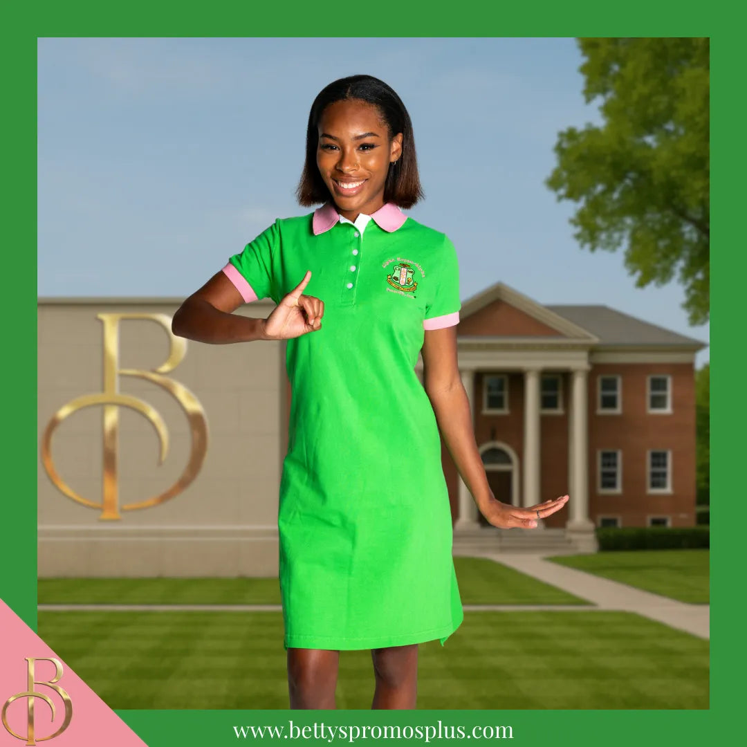 Alpha Kappa Alpha AKA Ivy Embroidered Polo Dress with Contrast Collar and Sleeves Green / 2X-Large Alpha Kappa Alpha AKA Ivy Embroidered Polo Dress with Contrast Collar and Sleeves Green / 2X-Large