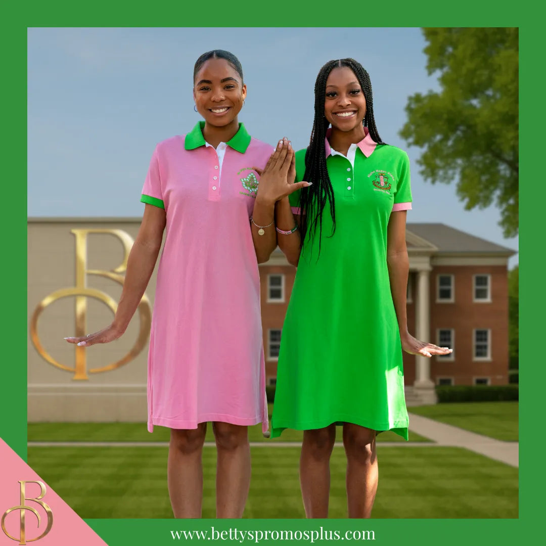 Alpha Kappa Alpha AKA Ivy Embroidered Polo Dress with Contrast Collar and Sleeves-Alpha Kappa Alpha Paraphernalia-Alpha Kappa Alpha Dress-Betty's Promos Plus