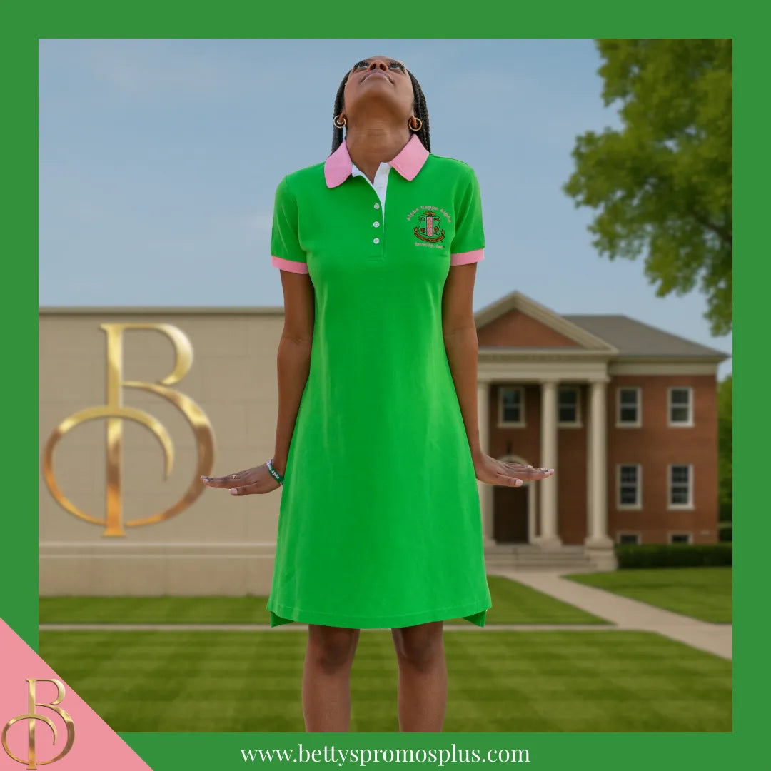 Alpha Kappa Alpha AKA Ivy Embroidered Polo Dress with Contrast Collar and Sleeves-Alpha Kappa Alpha Paraphernalia-Alpha Kappa Alpha Dress-Betty's Promos Plus