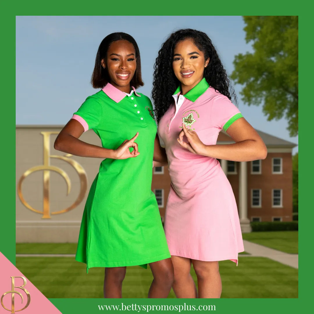 Alpha Kappa Alpha AKA Ivy Embroidered Polo Dress with Contrast Collar and Sleeves-Alpha Kappa Alpha Paraphernalia-Alpha Kappa Alpha Dress-Betty's Promos Plus