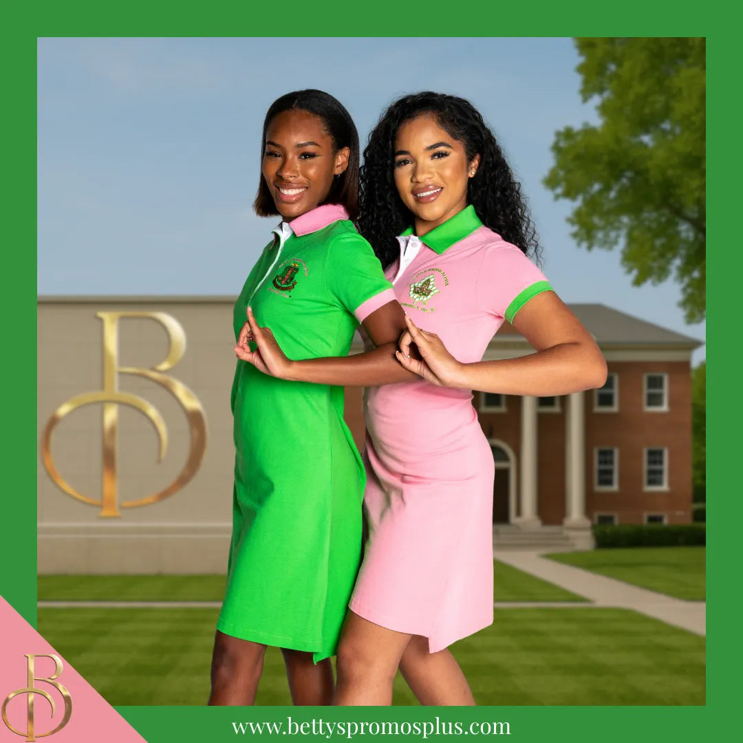 Alpha Kappa Alpha AKA Ivy Embroidered Polo Dress with Contrast Collar and Sleeves-Alpha Kappa Alpha Paraphernalia-Alpha Kappa Alpha Dress-Betty's Promos Plus