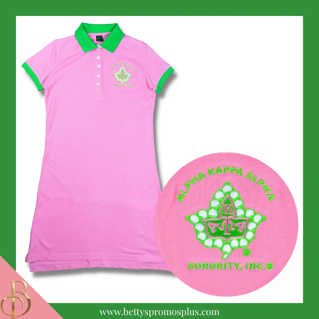 Alpha Kappa Alpha AKA Ivy Embroidered Polo Dress with Contrast Collar and Sleeves-Alpha Kappa Alpha Paraphernalia-Alpha Kappa Alpha Dress-Betty's Promos Plus