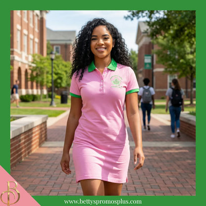 Alpha Kappa Alpha AKA Ivy Embroidered Polo Dress with Contrast Collar and Sleeves-Alpha Kappa Alpha Paraphernalia-Alpha Kappa Alpha Dress-Betty's Promos Plus