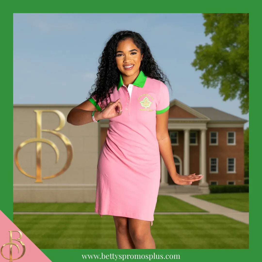Alpha Kappa Alpha AKA Ivy Embroidered Polo Dress with Contrast Collar and Sleeves-Alpha Kappa Alpha Paraphernalia-Alpha Kappa Alpha Dress-Betty's Promos Plus