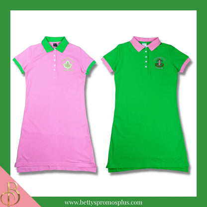 Alpha Kappa Alpha AKA Ivy Embroidered Polo Dress with Contrast Collar and Sleeves-Alpha Kappa Alpha Paraphernalia-Alpha Kappa Alpha Dress-Betty's Promos Plus