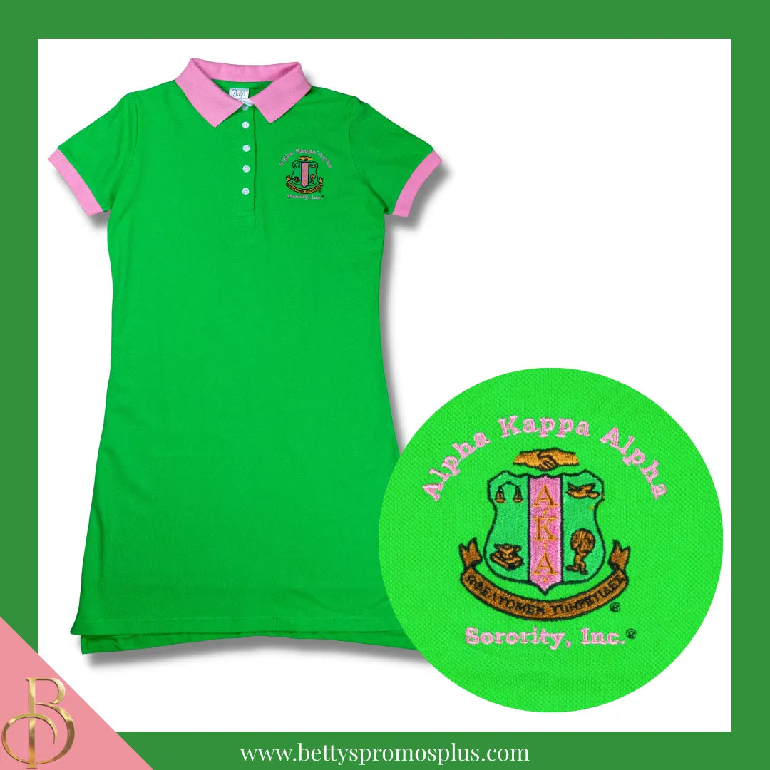 Alpha Kappa Alpha Aka Ivy Embroidered Polo Dress with Contrast Collar and Sleeves Green / 2X-Large Alpha Kappa Alpha Aka Ivy Embroidered Polo Dress with Contrast Collar and Sleeves Green / 2X-Large