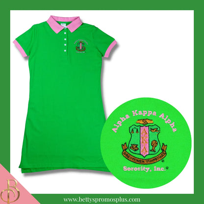 Alpha Kappa Alpha AKA Ivy Embroidered Polo Dress with Contrast Collar and Sleeves-Green-X-Small-Alpha Kappa Alpha Paraphernalia-Alpha Kappa Alpha Dress-Betty's Promos Plus