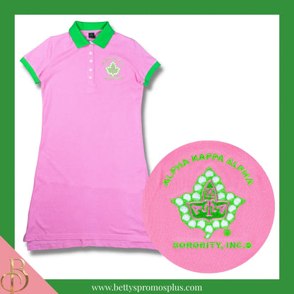 Alpha Kappa Alpha AKA Ivy Embroidered Polo Dress with Contrast Collar and Sleeves-Pink-X-Small-Alpha Kappa Alpha Paraphernalia-Alpha Kappa Alpha Dress-Betty's Promos Plus