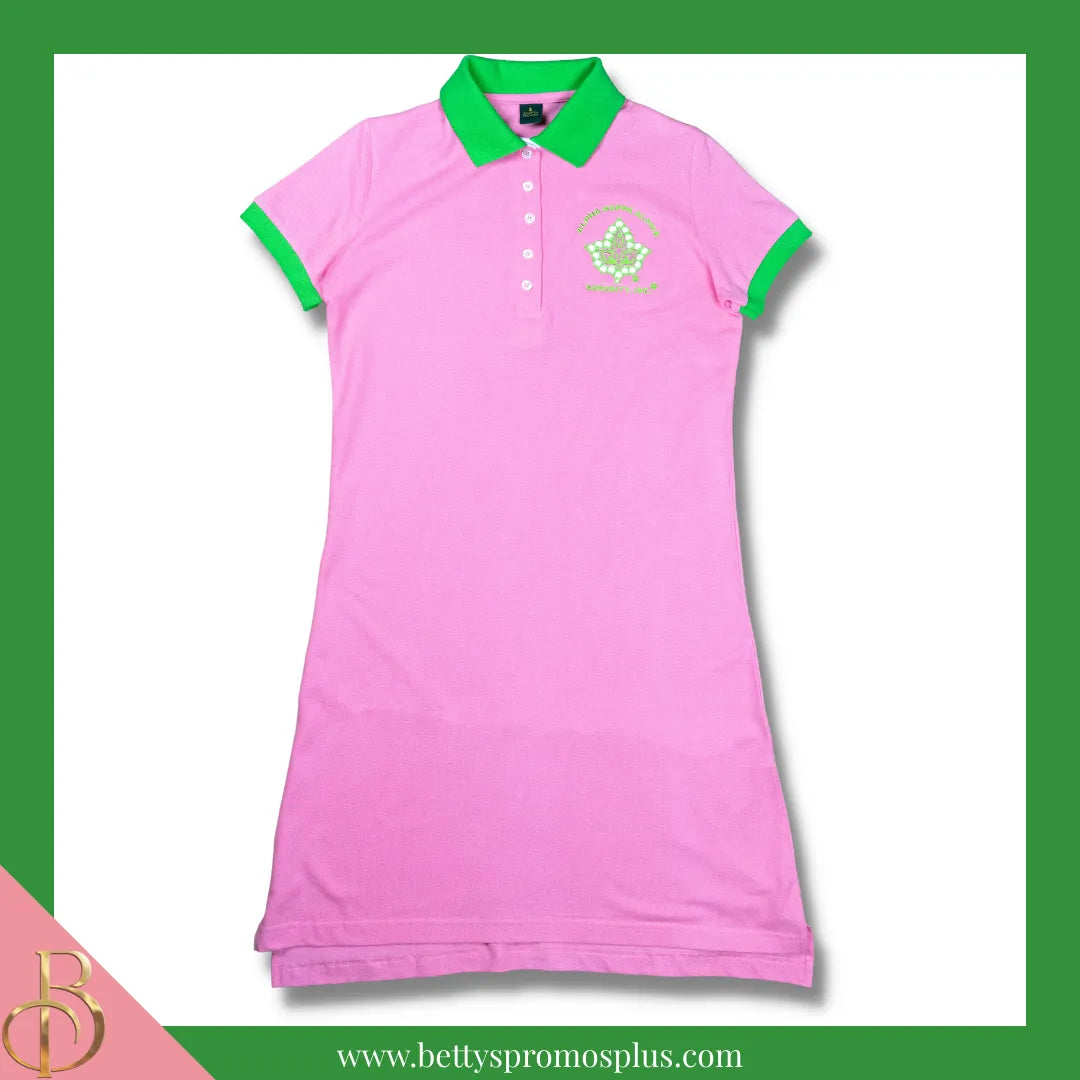 Alpha Kappa Alpha AKA Ivy Embroidered Polo Dress with Contrast Collar and Sleeves-Pink-X-Small-Alpha Kappa Alpha Paraphernalia-Alpha Kappa Alpha Dress-Betty's Promos Plus