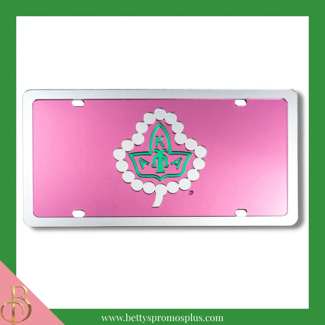 Alpha Kappa Alpha AKA Ivy Laser Engraved Mirrored Acrylic Auto Tag License Plate-Pink Background-Alpha Kappa Alpha Paraphernalia-Alpha Kappa Alpha Auto Tag-Betty's Promos Plus