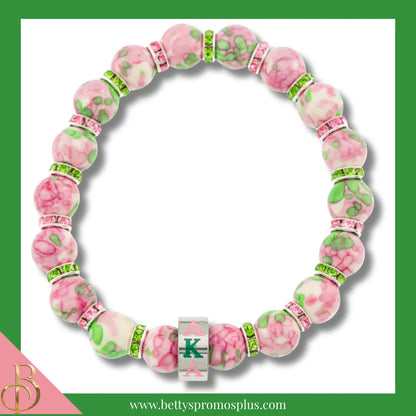 Alpha Kappa Alpha AKA Jade Beaded Bracelet with Rhinestone Spacers-Pink & Green-Alpha Kappa Alpha Paraphernalia-Alpha Kappa Alpha Bracelet-Betty's Promos Plus