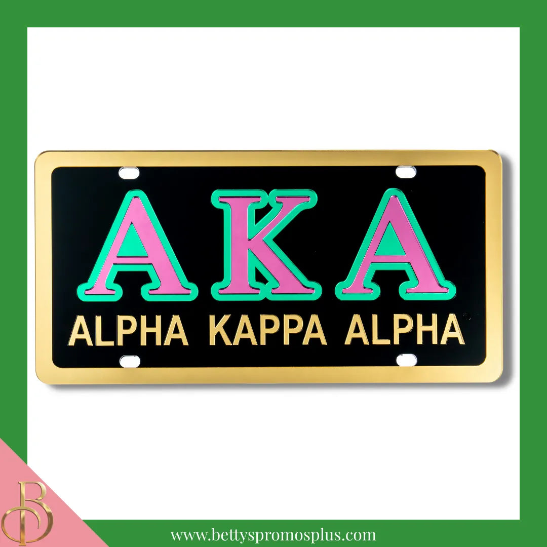Alpha Kappa Alpha AKA Laser Engraved Mirrored Acrylic Auto Tag License Plate-Black Background-Gold Trim-Green Letter Trim-Alpha Kappa Alpha Paraphernalia-Alpha Kappa Alpha Auto Tag-Betty's Promos Plus