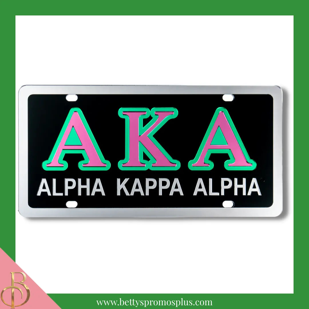 Alpha Kappa Alpha AKA Laser Engraved Mirrored Acrylic Auto Tag License Plate-Black Background-Silver Trim-Green Letter Trim-Alpha Kappa Alpha Paraphernalia-Alpha Kappa Alpha Auto Tag-Betty's Promos Plus