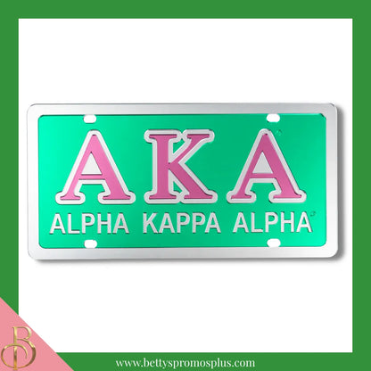 Alpha Kappa Alpha AKA Laser Engraved Mirrored Acrylic Auto Tag License Plate-Green Background-Silver Trim-Silver Letter Trim-Alpha Kappa Alpha Paraphernalia-Alpha Kappa Alpha Auto Tag-Betty's Promos Plus