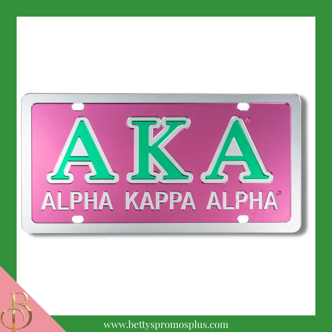 Alpha Kappa Alpha AKA Laser Engraved Mirrored Acrylic Auto Tag License Plate-Pink Background-Silver Trim-Silver Letter Trim-Alpha Kappa Alpha Paraphernalia-Alpha Kappa Alpha Auto Tag-Betty's Promos Plus