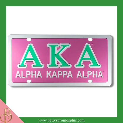 Alpha Kappa Alpha AKA Laser Engraved Mirrored Acrylic Auto Tag License Plate-Pink Background-Silver Trim-Silver Letter Trim-Alpha Kappa Alpha Paraphernalia-Alpha Kappa Alpha Auto Tag-Betty's Promos Plus