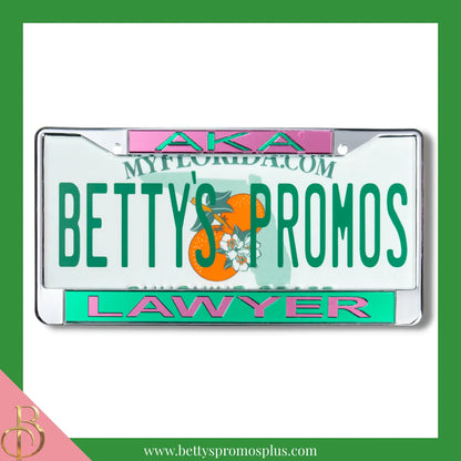 Alpha Kappa Alpha AKA Lawyer Chrome Laser Engraved Mirrored Acrylic Auto Tag License Plate Frame-Green Bottom-Alpha Kappa Alpha Paraphernalia-Alpha Kappa Alpha Auto Tag Frame-Betty's Promos Plus