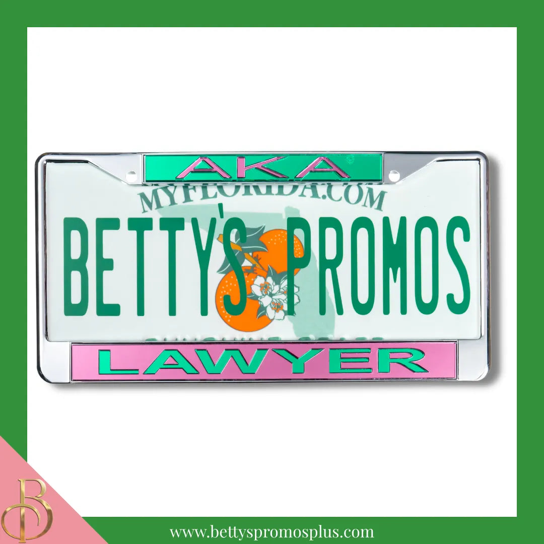 Alpha Kappa Alpha AKA Lawyer Chrome Laser Engraved Mirrored Acrylic Auto Tag License Plate Frame-Pink Bottom-Alpha Kappa Alpha Paraphernalia-Alpha Kappa Alpha Auto Tag Frame-Betty's Promos Plus