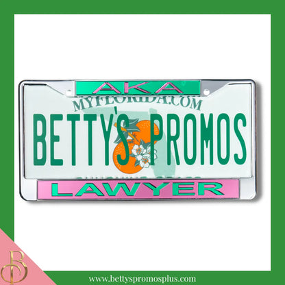 Alpha Kappa Alpha AKA Lawyer Chrome Laser Engraved Mirrored Acrylic Auto Tag License Plate Frame-Pink Bottom-Alpha Kappa Alpha Paraphernalia-Alpha Kappa Alpha Auto Tag Frame-Betty's Promos Plus