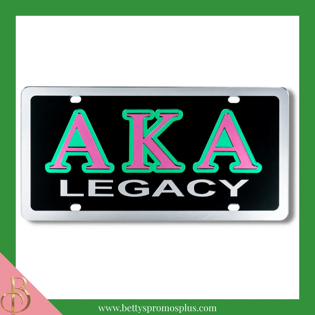 Alpha Kappa Alpha AKA Legacy Laser Engraved Mirrored Acrylic Auto Tag License Plate-Black Background-Alpha Kappa Alpha Paraphernalia-Alpha Kappa Alpha Auto Tag-Betty's Promos Plus